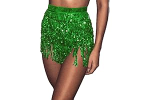 Bufenia Damen Bauchtanz Hüftrock Quaste Pailletten Hüftschal Riemchen Wrap Rave Röcke Halloween Kostüm Club Festival (Grün)