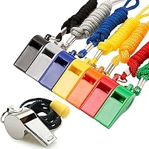 Set di 2 fischietti sportivi in acciaio inox con cordino, fischietti