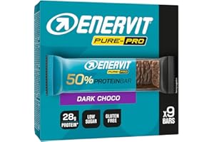 Enervit Pure-Pro Protein Bar 50% Dark Choco, Barrette Proteiche Senza Zucchero e Senza Glutine, Snack Proteici con 28g Proteine, Post Workout Intensi, Gusto Cioccolato Fondente, 9 Barrette da 55g