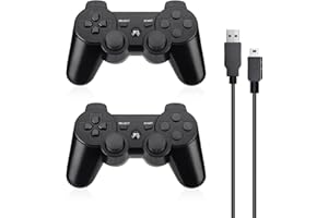 Powerextra Mando Inalámbrico para PS3, 2 Pack Wireless Bluetooth Six-Axis Playstation 3 Gamepad Joystick Controlador con Doble Vibración Recargable Controller con Cable para PS-3(Negro)