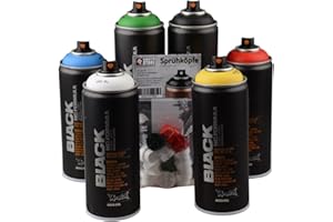 Montana Sprühdosen Set Black Graffiti Street Art Grundfarben + schwarz & weiss + Ersatzsprühköpfe
