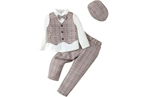 Lito Angels Baby Kids Boys Gentleman Plaid Waistcoat Suit Set Formal Wedding Outfits with Hat, Grey Green Blue Brown Red