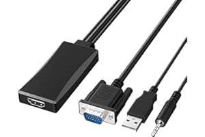 FiberGlobal VGA a HDMI, Adaptador VGA a HDMI Hembra 1080P con Audio Alimentado por USB para PC o Portátil, proyector con HDMI (VGA a HDMI con Audio)