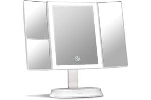 ‎FANCII Fancii Kosmetikspiegel mit natürlichem LED Licht - Beleuchteter Schminkspiegel mit 5 Fach und 7 Fach Vergrößerungsspiegel - dimmbare Lichter, Touch Beleuchtung, Tischspiegel - Sora (Weiß)