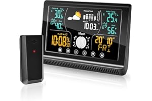 JELY Stazione Meteo con Sensore Esterno Wireless Stazione Meteorologica Professionale Interno Esterno Barometro Termometro Igrometro Digitale con LCD Display Sveglia Temperatura Umidità Previsioni Tempo