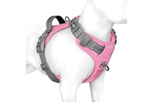 PHOEPET Dog Harness No Pull, Escape Proof Adjustable Vest, Reflective Choke Free Harness with Easy Control Handle for Small Medium Large Dogs Walking and Training(Baby Pink Base & Grey Straps,S)