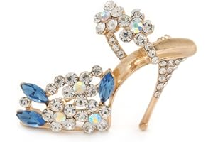 Avalaya Clear/Blue Crystal Sexy High Heel Shoe Brooch in Gold Plated Metal - 45mm