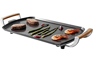 Boska Plancha Électrique Pro – Plaque Teppanyaki 35x56 cm – Revêtement Céramique sans PFAS – Thermostat Réglable – Écoulement des Graisses – Poignées en Chêne – Noir