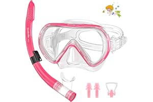 SKREKUIMA Mascara Buceo Niños con Protección para la Nariz | Gafas de Buceo para Niños Antivaho Antifugas | Mascara Gafas de Natación Niños de 180º Panorámica Vidrio Templado HD para 4-12 Años Niños Niñas