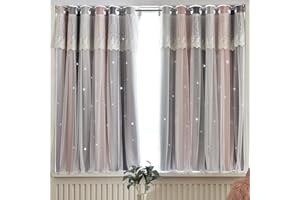 ‎MICHORINEE Michorinee 1 Stücke Vorhang Kinderzimmer Blickdicht Gardinen Mädchen Hohle Sterne Farbverlauf Verdunkelung Ösenschal Spitze Voile Grau Rosa für Mädchenzimmer 137 × 132cm (H × B)