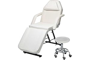 Hironpal White Beauty Bed with Stool,Massage Bed Tables 3 Section Lash Reiki Therapy Couch Salon Chair Tattoo Adjustable Facial SPA Pedicure Massaging Bed with Steel Frame PU Leather