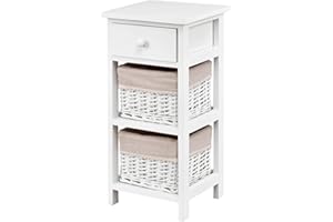 COSTWAY Mesita de Noche con Cajón y 2 Cestas de Almacenamiento Cajonera Mesa Auxiliar para Dormitorio Salón Habitación (Blanco)