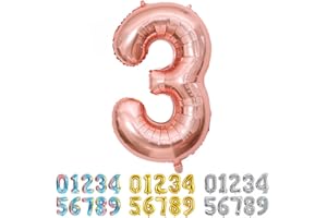 Ponmoo Foil Globo Número 3 Oro Rosa, Gigante Numeros 0 1 2 3 4 5 6 7 8 9 10-19 20-29 30 40 50 60 70 80 90 100, Grande Globos para La Boda Aniversario, Globo de Cumpleaños Fiesta Decoración