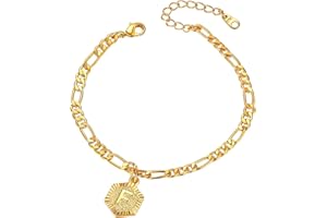 FOCALOOK Yellow Gold Plated Initial Anklets for Women Summer Jewellery 4.5mm Figaro Foot Chain Adjustable 8.5inch with 2inch Extender for Large Size(Send Gift Box)