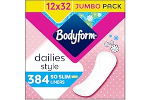 Bodyform Dailies So Slim Panty Liners, 384 (32 x 12 paquetes) ligeramente perfumados, transpirables, flexibles, envueltos individualmente