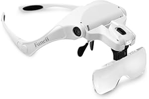 Nie Wymagająca Użycia Rąk LED-owa Lupa Nagłowna Fancii - Powiększenie 1X do 3.5X Dzięki 5 Zdejmowanym Soczewkom - Montowane na Głowie Oświetlające Okulary Powiększające do Czytania. Lupa Jubilerska. Lupa do Naprawy Zegarków i Elektroniki