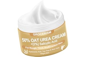GROCERISM Crema de urea 50% para pies, fuerza máxima 150 gramos con avena y 2% de ácido salicílico, crema para pies y manos con ácido hialurónico, árbol de té y aloe vera para hidratación profunda, callos