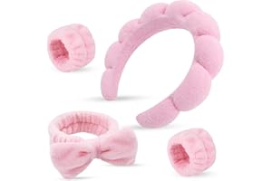MAIROX Haarband Kosmetik,Stirnband Handgelenk Waschband Set,Spa Stirnband,Abschmink Haarband,Hautpflege Stirnbänder Terry Stoffblasen Haarband Für GesichtswaschenEntfernung Yoga Sport Dusche(Rosa)