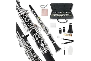 Yinfente Clarinete profesional Ebonite E Key para estudiantes principiantes con 2 barriles, kit de limpieza de estuche duro, guantes de grasa de corcho