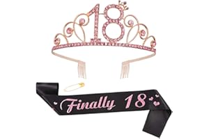 ruggito 18th Birthday Costume Set For Women,Include 18th Black Satin Sash,Birthday Crown Tiara and Round Brooch Clip Pin for 18th Birthday Party Decorations