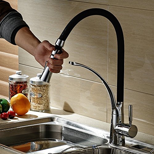Hiendure® aus massivem Messing herausziehen Spray Küchenarmaturen Waschtischarmaturen Küchenspüle Wasserhahn Gummischlauch verchromt, Schwarze Farbe - 4