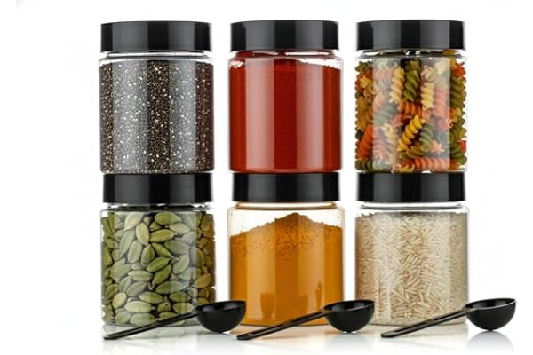 HomeWiz Airtight Kitchen Storage Containers Set of 6 (250 ML Each) Unbreakable Transparent Plastic Masala Box Dabba for Spice, Cereal, Dry Fruits Round Jars with Spoons Kitchen Accessories items