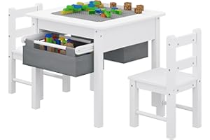 Stół dziecięcy Lestarain z krzesłami 2, zestaw mebli dziecięcych ze schowkiem, duży stół do gry w bloki, wielofunkcyjny stół do aktywności dla dzieci, wysuwane pudełka do przechowywania, biały szary