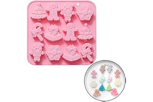 PTAIZJJZ Stampo per cioccolatini natalizi, 1 confezione da 12 cavità, albero di Natale, omino di pan di zenzero, pupazzo di neve, fiocco di neve, bastoncino, campana, stampi in silicone per gelatina, torte,