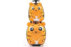 DREAMADE 2tlg. Kinderkoffer Set, Kinderkoffer mit Rucksack, Reisekoffer Jungen & Mädchen, Kindergepäck mit Rollen, Kindertrolley Handgepäck Kinder Flugzeug (Orange-Tiger)