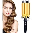 MAKINGTEC Three Barrel Curling Iron Wand with LCD Temperature Display - 1 Inch Ceramic Tourmaline Triple Barrels, Dual Voltage Crimp (Gold)