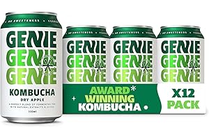 GENIE LIVING DRINKS - Dry Apple Kombucha Drink, Delicious Soft Drinks, Fermented 10 Days for Gut Health, 100% Vegan, No Sweeteners, No Nasties, Made in the UK, Natural Energy, 12 x 330ml Cans