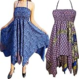 Indiatrendzs Women's Dresses Poly Silk Blue Printed Handkerchief Hem 2 Layer Party Dress Pack Of 2
