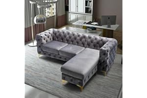 HOMEOLOGY SOFA DIRECT Homeology Chesterfield 3 Seater Sofa with Chaise Lounge – L Shape Right/Left Hand Corner Sofa – Deep Button Tufted Design with Gold Metal Legs – Couch for Living Room (Grey, Right Hand Chaise)