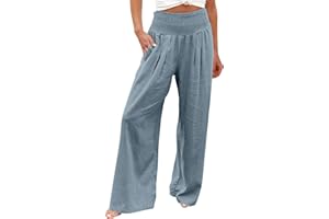 KONG JIMFAN Leinenhose Damen Sommer Freizeithose Leinen Leicht Casual Yogahose Einfarbig Elegant Palazzo Hose Weites Bein Hose Baumwolle Bequeme Stoffhose Hohe Taille Strandhose mit Taschen