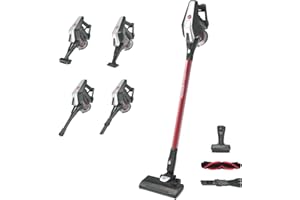 Hoover HF322TH Aspirateur Balai sans Fil Multi-Fonctions, Puissant, Grande autonomie, Double éclairage LED, Brosse Anti-emmêlement, 2 Brosses Accessoires, Charge Rapide, Gris Rouge Cosmopolite