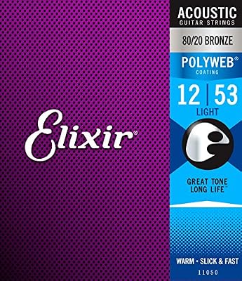 Elixir Jeu de cordes pour guitare acoustique 80/20 Bronze Revêtement Polyweb Light 0.012-0.053