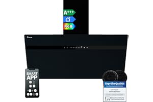KKT KOLBE A+++ Dunstabzugshaube 90 cm 782 cbm/h Kopffreie Wandhaube Edelstahl schwarzes Glas WLAN RGBW-LED-Beleuchtung SensorTouch Bedienung STYLE9005SMAO