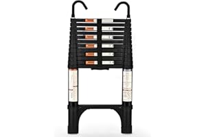 HBTower Escamotable en Aluminium,Echelle telescopique 3.8M/12.5FT avec Crochets,Echelle plianteConvient aux Camping-Cars, greniers, extérieurs et intérieurs, Charge Max 150 kg (Noir)
