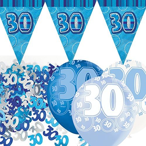 Blue Silver Glitz 30th Birthday Flag Banner Party Decoration Pack Kit Set