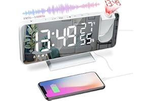 VORRINC Sveglia Digitale da Comodino, Radiosveglia da Proiettore , FM Orologio con Doppi Allarmi, 3 Livelli Luminosità, USB Porta di Ricarica, 12/24 Ora, Snooze, 15 Livelli di Volume (Senza Adattatore)