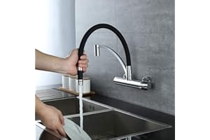 HOMELODY Kran kuchenny, montaż ścienny, czarny, obracany o 180°, silikon, dopuszczony do kontaktu z żywnością, armatura kuchenna, elastyczna, wysuwana, mosiężna (wysokość całkowita 342 mm)