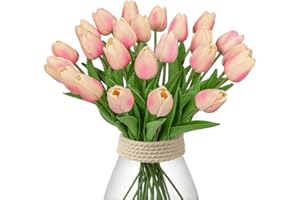 ‎HOLLYONE 24 pcs Künstliche Blumen Tulpen, Decor Kunstblumen sehr echt, Plastikblumen Tulpen PU Latex real Touch, Gefälschte Blumen Tulpen Rosa für Hochzeitszimmer Home Decor Wohnzimmer Büro Hotel Küche Decor
