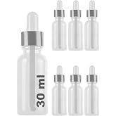 Afracam 30 ml Metal Kapaklı Damlalık Dropper Şişesi Serum 30 cc Cam Şişe 6 Adet (G&uuml;m&uuml;ş Kapak, Şeffaf)