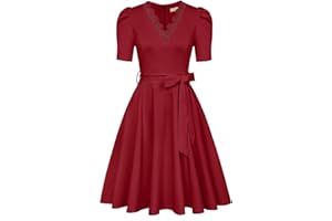 Belle Poque Sukienka damska w stylu lat 50. XX wieku, z krótkim rękawem, koronkowa, dekolt w serek, z paskiem, elegancka sukienka koktajlowa na wesele