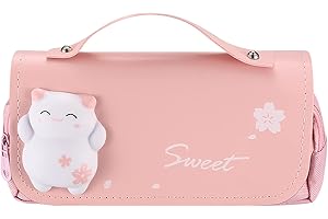 qiwuhai Trousse à Trois Compartiments pour Filles, Grande Trousse à Crayons, Trousse de Rangement Portable avec Mignons Chatons, Cadeau d'école pour Filles, Femmes et Adolescentes (Rose)