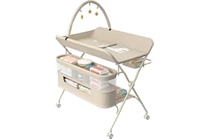 HUOLE Table à Langer avec roulettes, avec Panier de Rangement à Côté Structure en Fer Charge Max 25KG pour Nouveaux-Nés Design Ergonomique, Rangement,pour Nouveau-né,75 * 68 * 83-91cm (B) Blanc crème