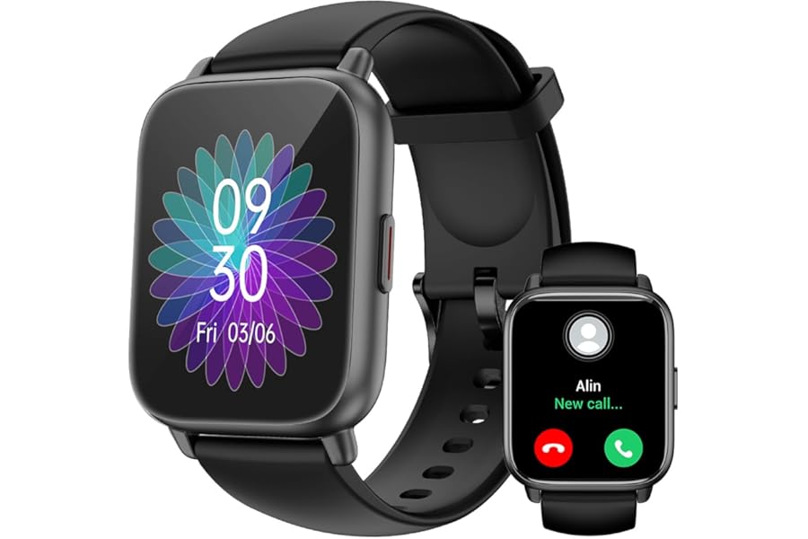 RUIMEN Smartwatch Men Women Bluetooth Calls Pedometer Watch Android iOS Compatible Fitness Watch Sports Heart Rate Monitor Wrist Saturometer Waterproof IP68 Whatsapp Notifications Black