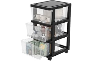 Cetomo Plastic Storage Drawers Unit, Storage Drawer on Locking Wheels, Tower with Interlocking Hooks for Home Office Closet Bedroom Dorm, Detachable, Free Combination, Clear and Black, 3 Drawers