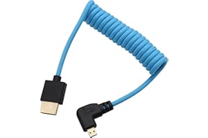 HangTon Micro HDMI do HDMI ProRes RAW 4K 8K 60fps Niebieski pleciony kabel spiralny do Sony ZVE-10 A7C Canon R5 R6 MKII Lumix aparat SmallHD ATOMOS Ninja V Monitor, 90-stopniowy typ D