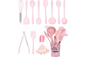 18 stycken köksredskap set, rosa silikon köksredskap set | Värmebeständiga köksredskap med redskapshållare, köksset, hälsosam